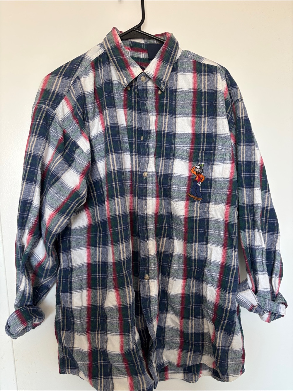 Disney Men's Navy, Green, White Plaid Button-Down Shirt with Embroidered Goofy